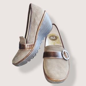 Fly London Brown Suede Buckled Wedges - 39 (7.5-8)
